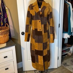 Leather and corduroy patchwork trench -long and slimming